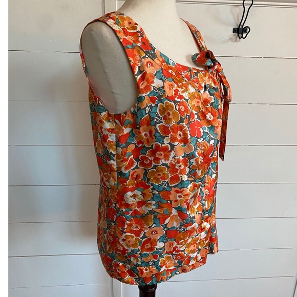 J. Crew Orange Floral Print Bow Tie Wrap Sleeveless 100% Silk Blouse‎ Size 0 EUC - Picture 4 of 8